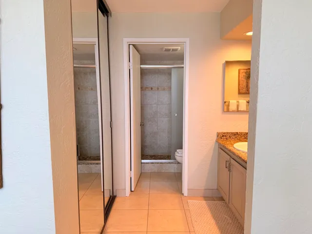 a bathroom with a granite countertop window and a shower