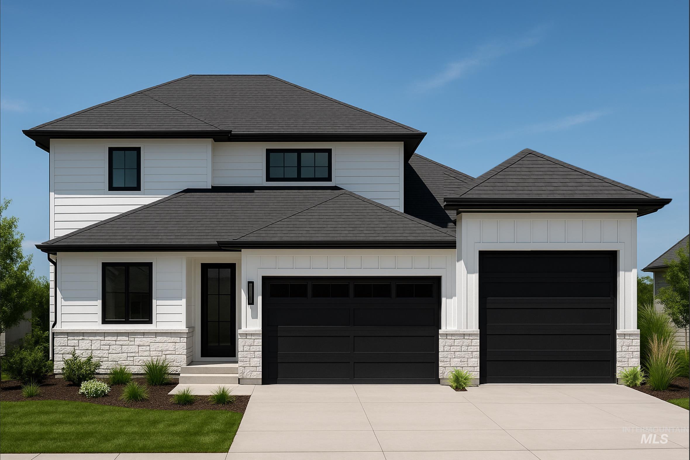 View of front facade with an attached garage, stone siding, and driveway