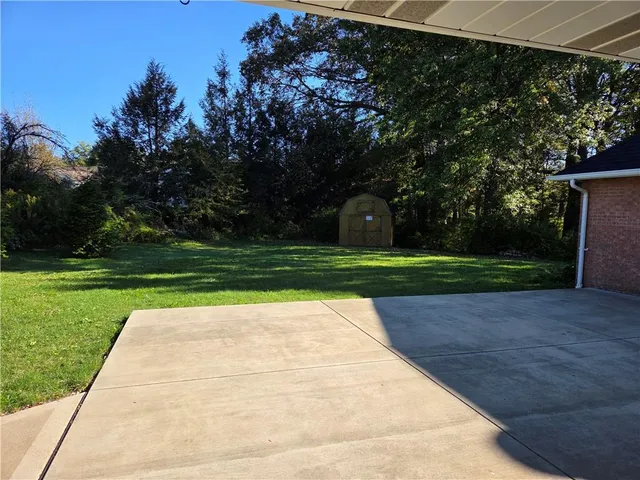 a view of a park with large trees