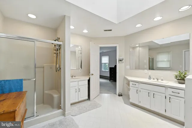 a bathroom with a double vanity sink a large mirror and shower