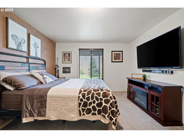 a bedroom with a bed and a flat screen tv