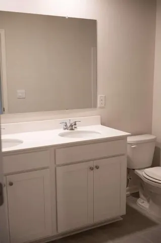 a bathroom with a sink a toilet and a mirror