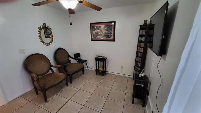 a living room with furniture and a potted plant