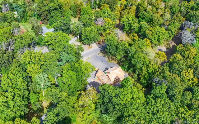 an aerial view of residential houses with outdoor space and trees