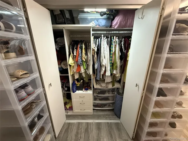 a view of walk in closet with clothes and shoes