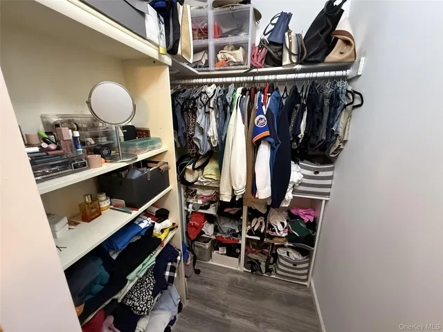 a view of walk in closet with clothes and shoes