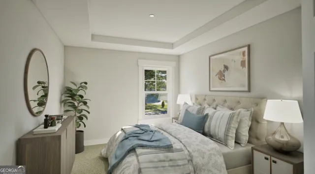 a bedroom with a bed and a painting