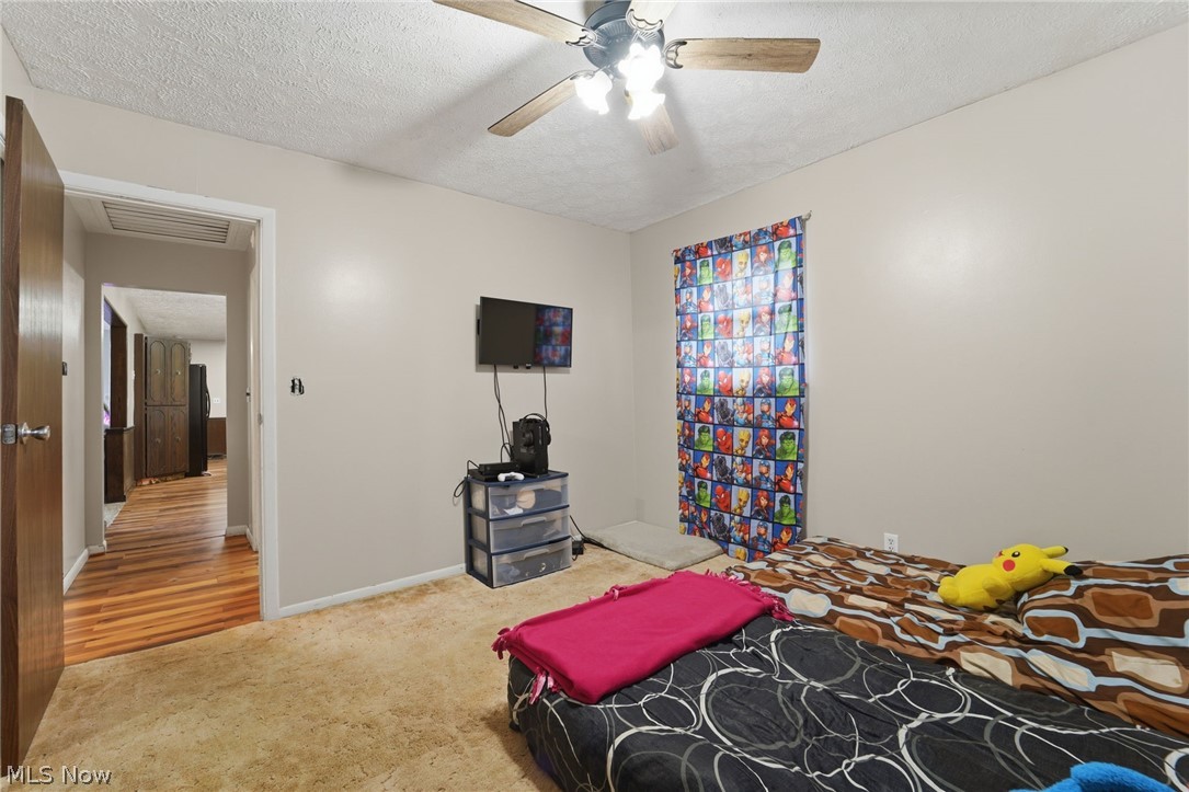 14557 Ellsworth Road Berlin Center, OH 44401 - Photo 15 of 23 Bedroom featuring a textured ceiling, light carpet, and ceiling fan