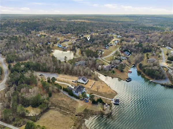 an aerial view of a house with a outdoor space