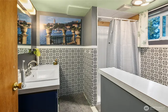 a bathroom with a sink a mirror and a shower