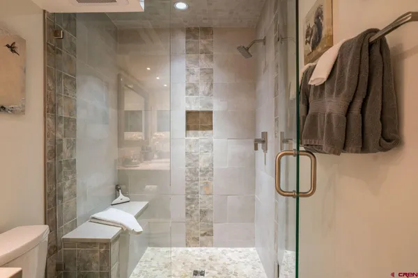 a bathroom with a shower and a toilet