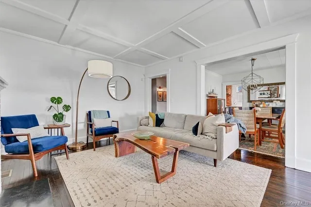a living room with furniture a rug and a window