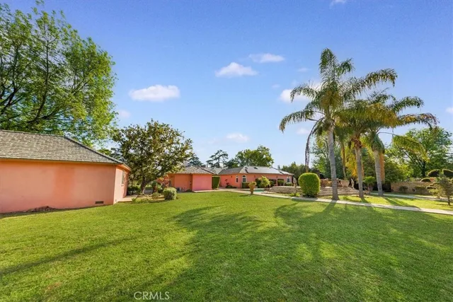 a view of a swimming pool with a lawn chairs and plants