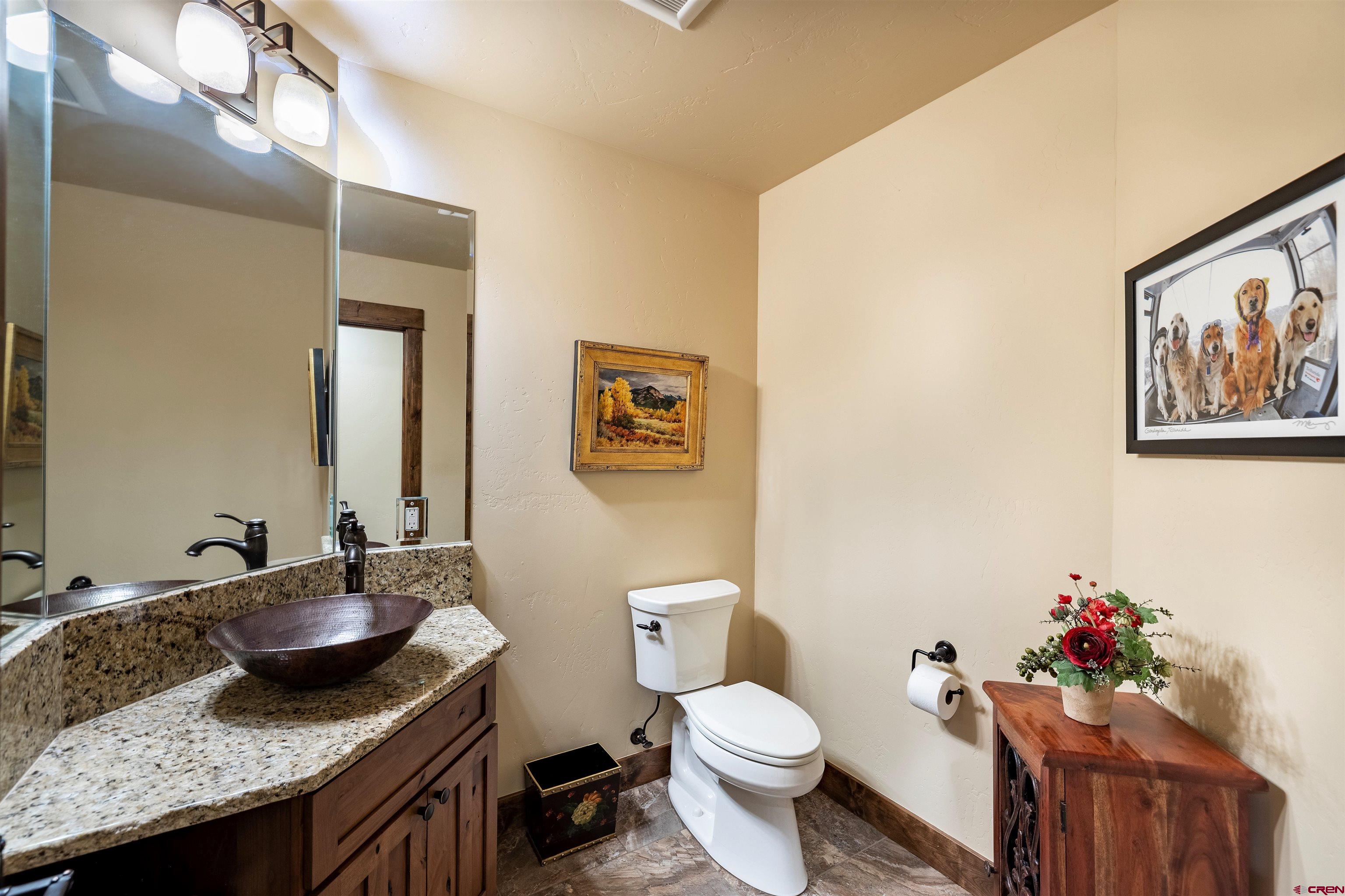 610 Red Rock Road Durango, CO 81301 - Photo 34 of 35 a bathroom with a granite countertop sink a toilet and a mirror