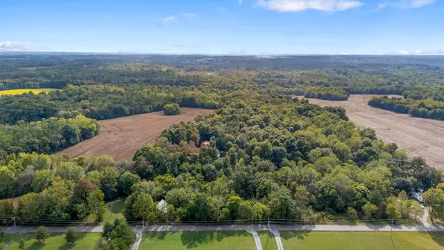 an aerial view of residential houses with outdoor space and trees