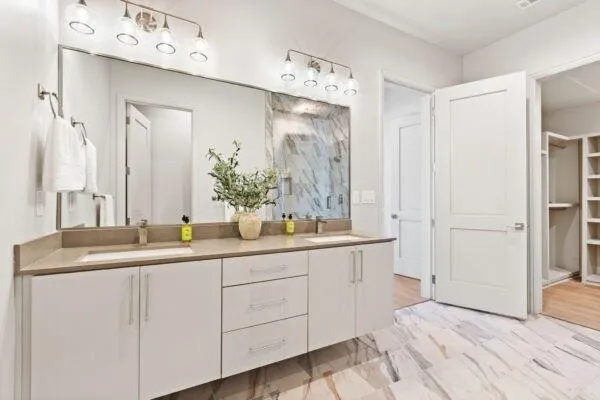 a bathroom with a sink and a mirror