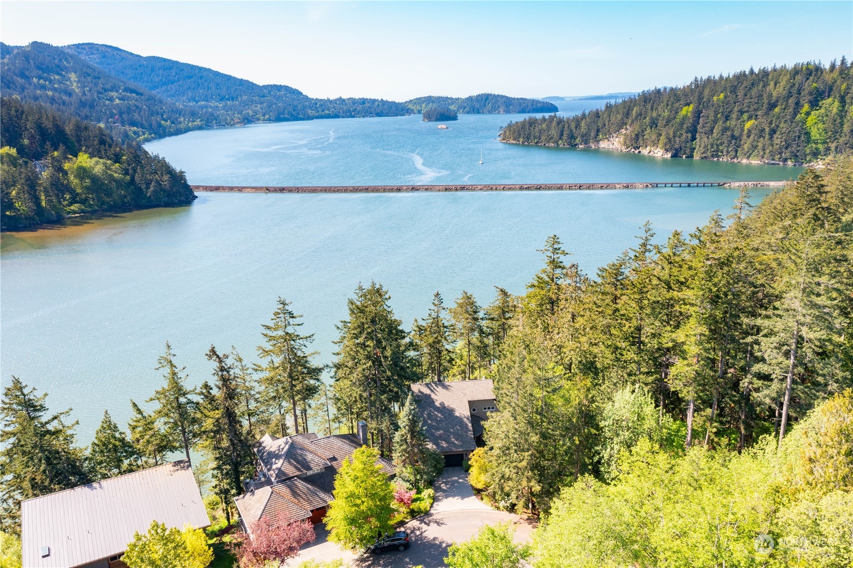 a view of a lake with a mountain in the background