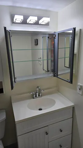 a bathroom with a sink and a mirror