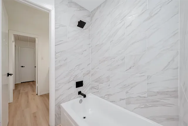 a bathroom with a bathtub