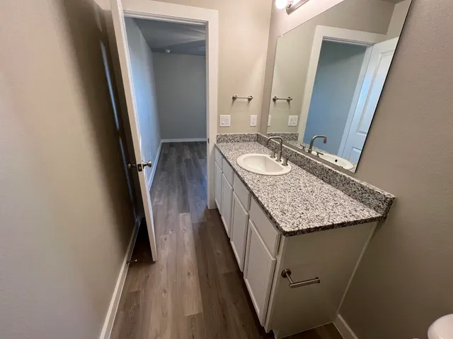 a bathroom with sink and mirror