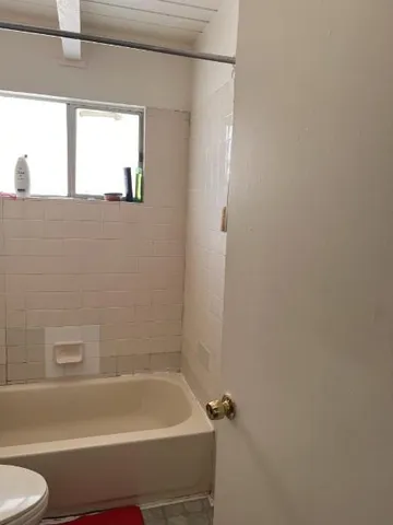a bathroom with a bathtub and a toilet