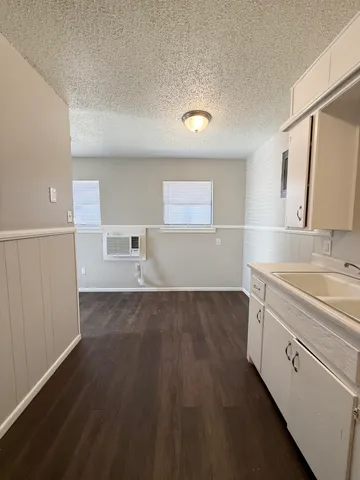 a view of a sink and dishwasher with wooden floor