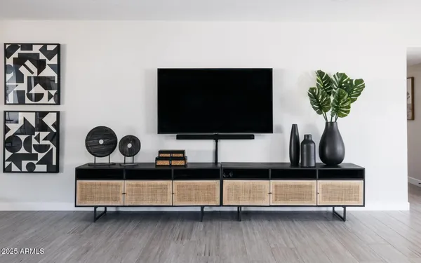 a living room with a flat screen tv and a potted plant
