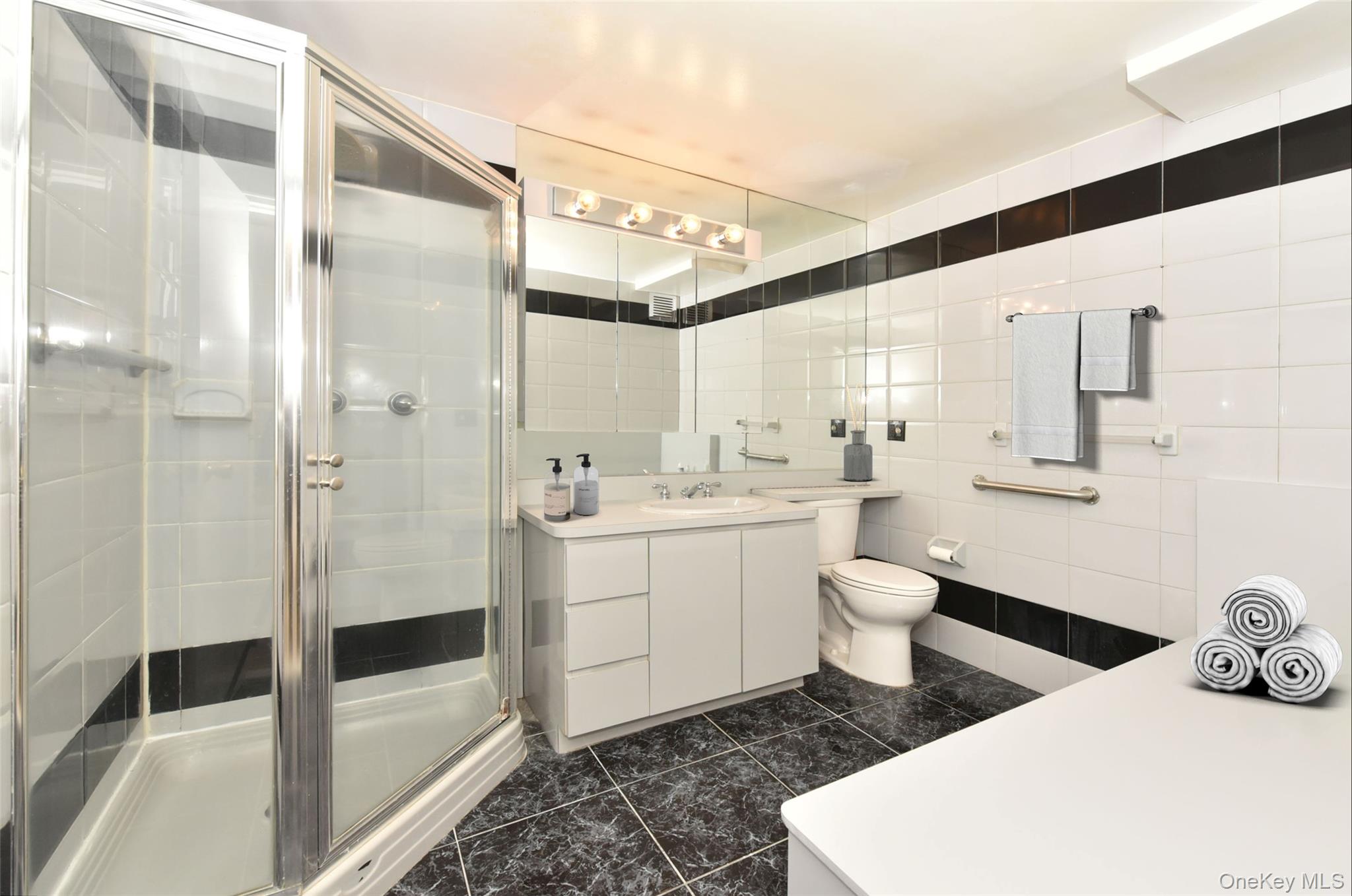 180 South Middle Neck Road, Unit 2A Great Neck, NY 11021 - Photo 17 of 24 a bathroom with a sink and mirror with toilet