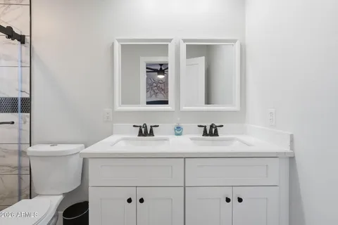 a bathroom with a sink toilet and mirror
