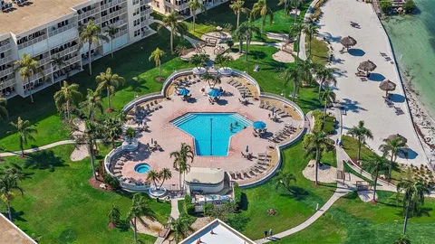 an aerial view of a swimming pool