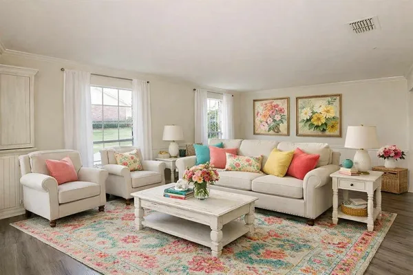 a living room with furniture a rug and a window