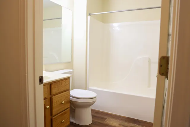 a bathroom with a shower and a toilet