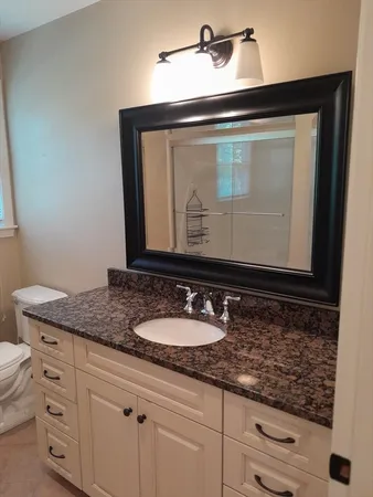 a bathroom with a sink and mirror