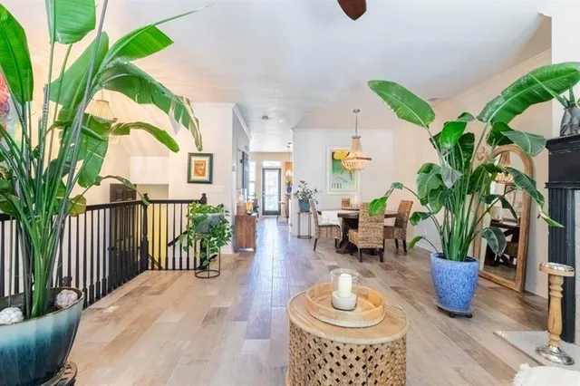 a dining room with furniture potted plants and wooden floor