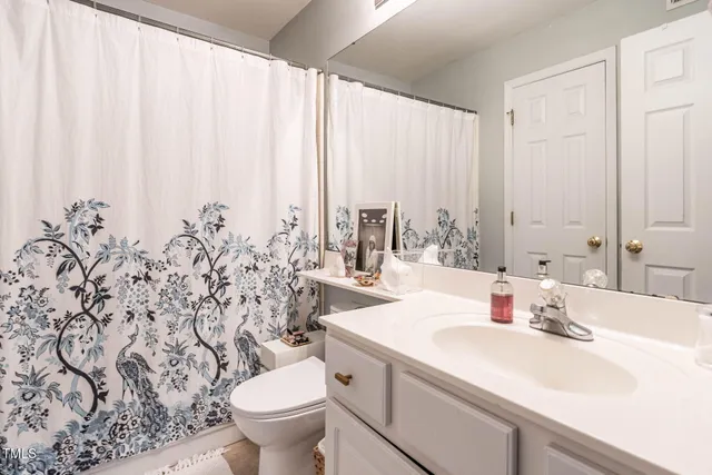 a bathroom with a sink mirror and toilet