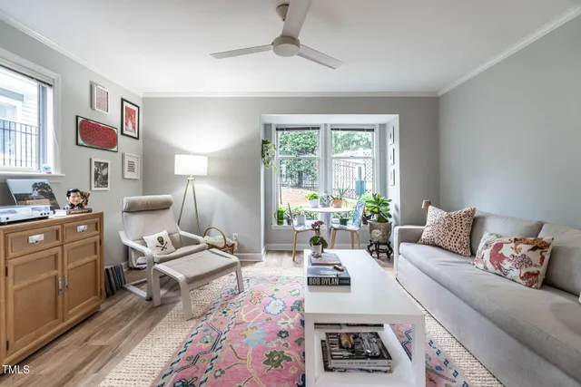 a living room with furniture a rug and a window