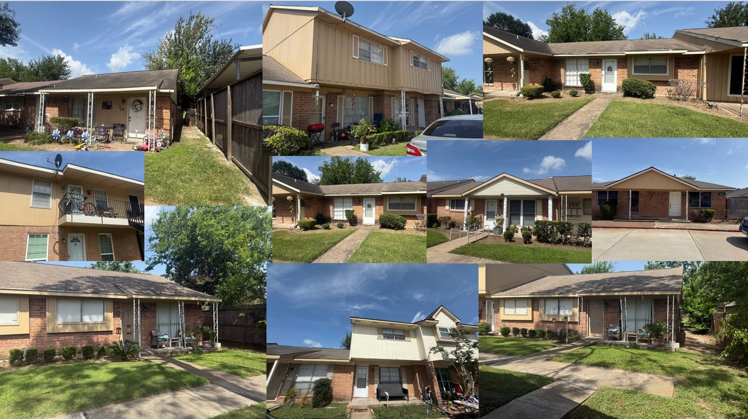 a aerial view of a brick house next to a yard
