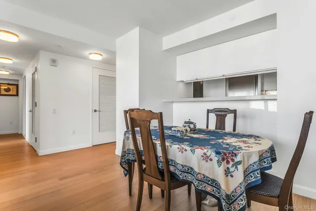 a view of a dining room with furniture