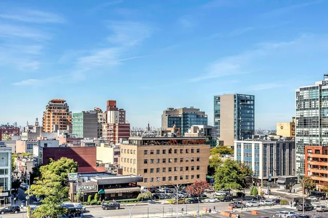 a city view with tall buildings