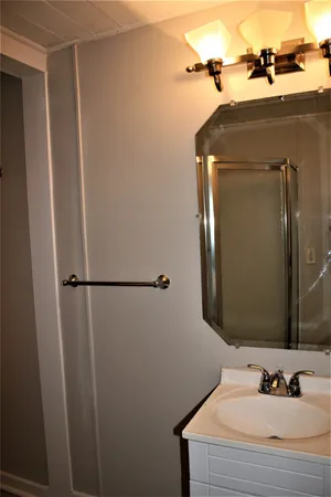a bathroom with a sink and a mirror