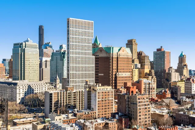 a city view with tall buildings