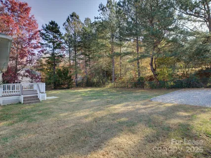 a view of a yard with large trees