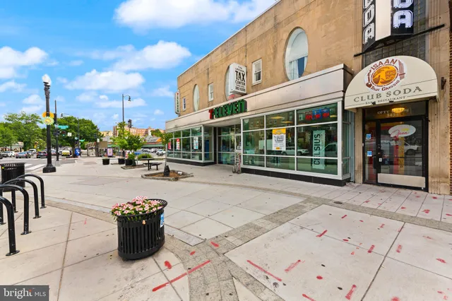 a front view of a building with street view