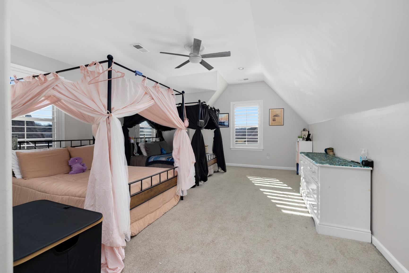 235 Misty Fields Road Oakland, TN 38060 - Photo 36 of 40 Bedroom featuring light carpet, vaulted ceiling, and ceiling fan