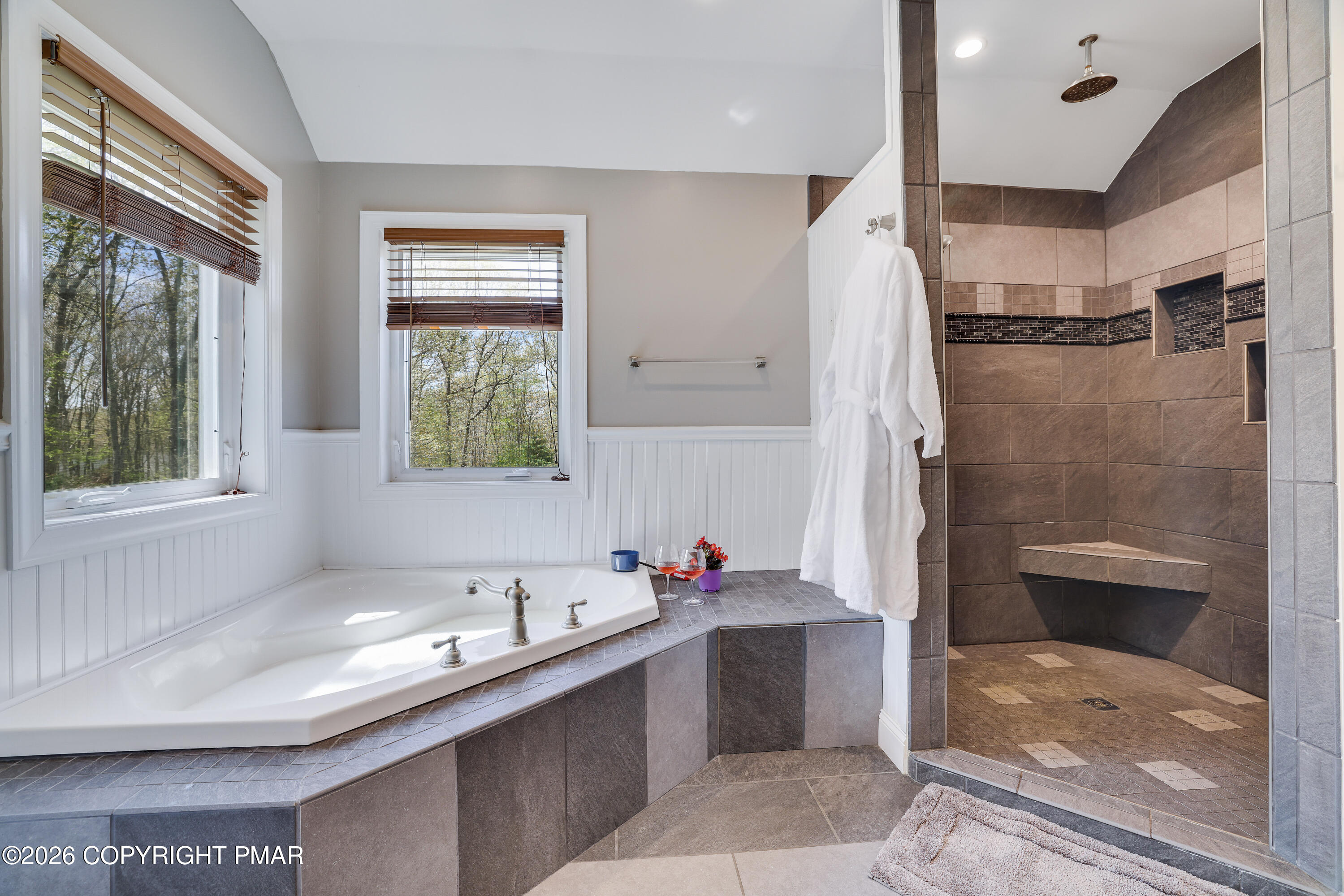 659 Behrens Road Jim Thorpe, PA 18229 - Photo 23 of 57 a bathroom with a granite countertop shower a sink and a mirror