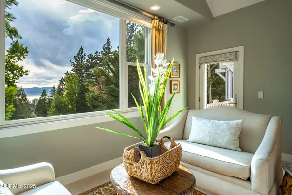 a living room with furniture and a potted plant