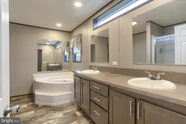 a bathroom with a double vanity sink mirror and bathtub