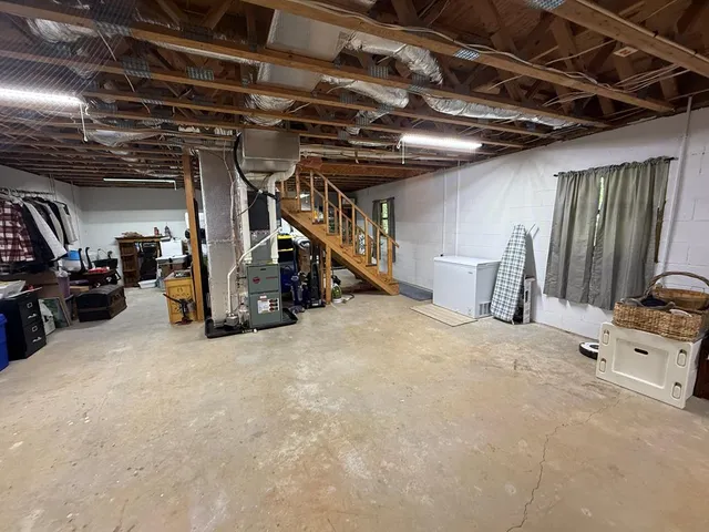 a view of a garage with storage