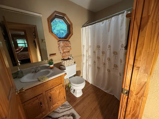 a bathroom with a sink a toilet and a mirror