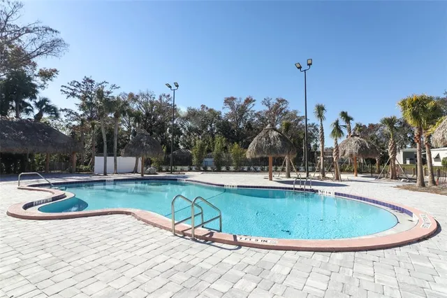 a view of a swimming pool with a yard
